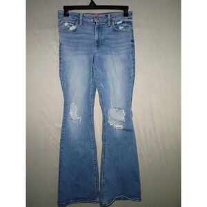 Edgely Jeans Women 8 Reg Blue Flare High Rise Denim Boho Distressed Whiskering